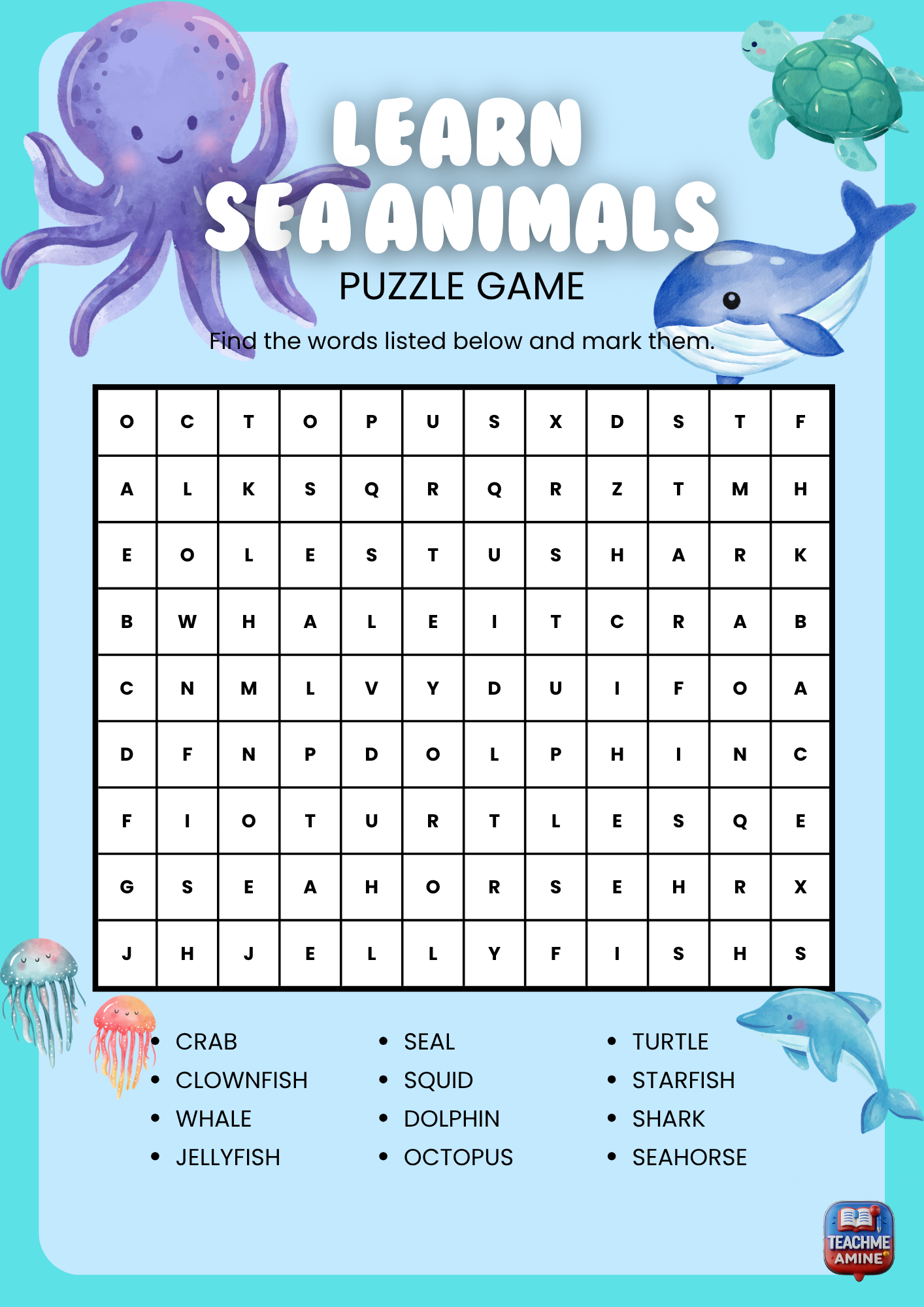 📘 ورقة عمل تفاعلية: لعبة أسماء الحيوانات البحرية | Sea Animals Word Search Game