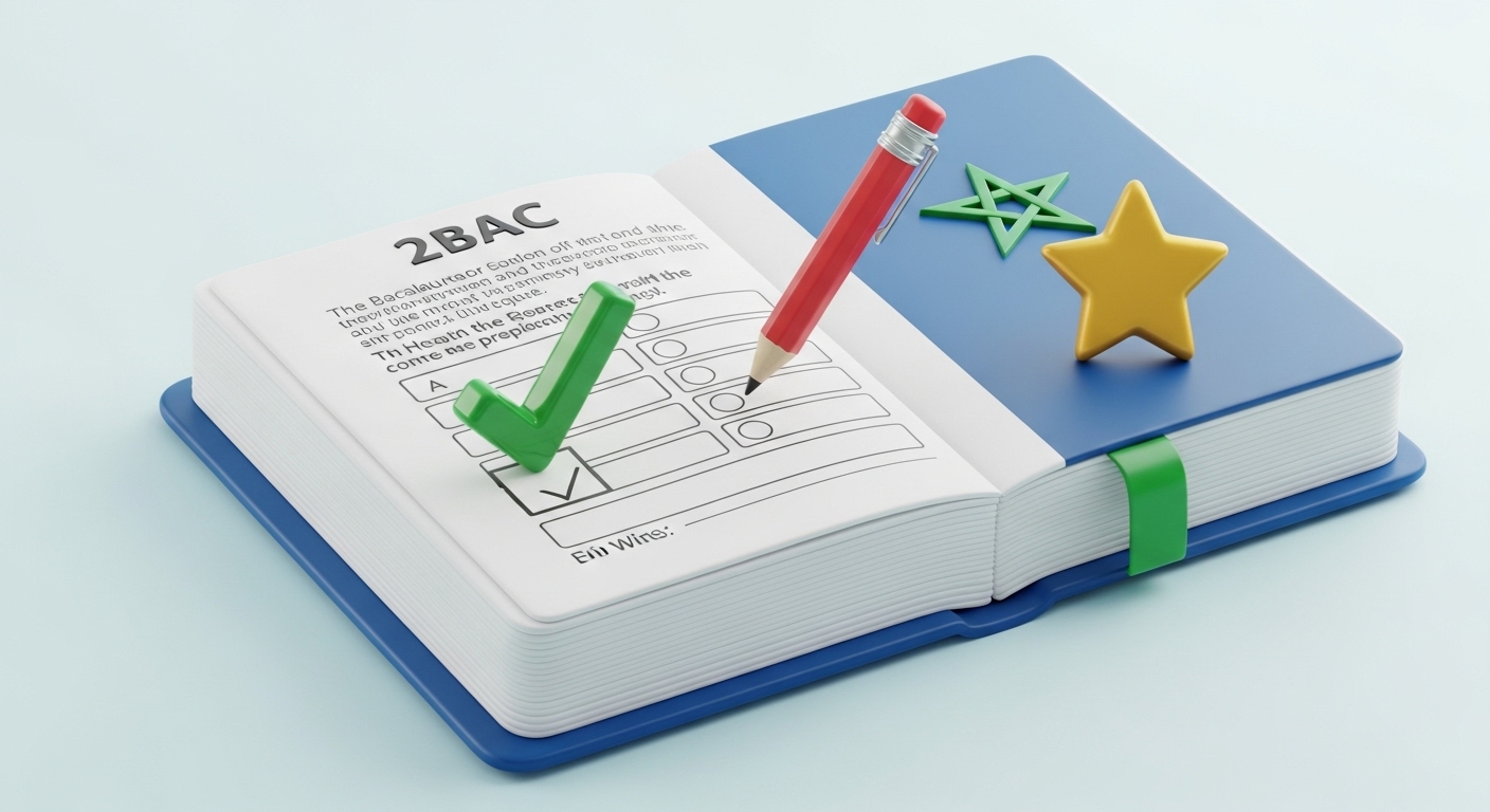 A clean and organized 3D illustrative image for the '2nd Year Baccalaureate Worksheets' section. The central focus is a stylized, neat stack of pristine white worksheets or an open workbook, rendered in 3D with a distinct cover, perhaps a deep blue or green. On the top visible worksheet, specific exam-like exercises are clearly outlined with blank spaces for answers, typical of a Baccalaureate English exam (e.g., a short reading comprehension passage with multiple-choice questions, or a writing prompt). The text '2BAC' is prominently displayed in a clean 3D font at the top of the worksheet. To highlight focused preparation and success: A stylized 3D red or black pen/pencil is positioned cleanly on the worksheet, as if actively completing a task. A small, elegant 3D green pentagram (Moroccan star) is subtly integrated, perhaps on the book cover or a corner of the worksheet, firmly connecting it to the Moroccan curriculum. A large, polished 3D green checkmark or a gold star is visibly placed on a completed section, symbolizing correct practice and achievement. The entire image must use a bright, professional, and encouraging color palette consistent with your website's aesthetic. All 3D elements must have strong, clean highlights and soft, well-defined shadows, giving them a palpable depth. The background should be a clean, soft gradient of light colors, ensuring the elements pop. The overall composition should feel structured, serious yet inviting, and clearly communicate effective preparation for the 2nd Baccalaureate exam."