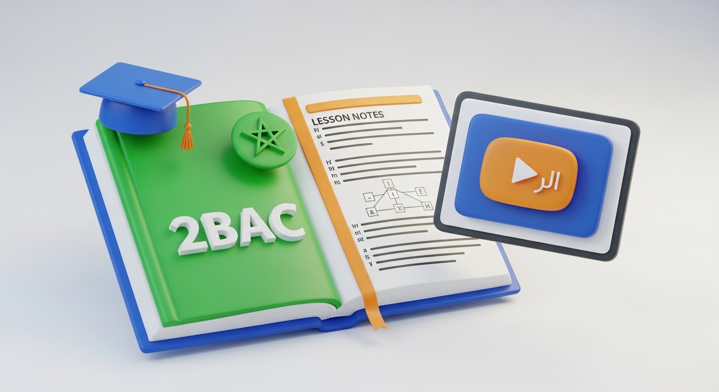 A vibrant and professional 3D illustrative image for the '2nd Year Baccalaureate Lessons' section. The scene is centered around a stylized, open 3D textbook with a bright, inviting cover (e.g., a rich green or blue). On one page of the book, the text '2BAC' is clearly rendered in a bold, modern 3D font. On the adjacent page, show structured lesson notes or a clear grammar diagram. To represent the goal of success and the digital format of the lessons, include these key elements: A sleek 3D laptop or tablet screen is positioned next to the textbook, displaying a prominent 3D video play icon ('►') on its screen. A shiny 3D graduation cap is elegantly positioned on the corner of the book or floating nearby. A small, 3D green pentagram (Moroccan star) is subtly integrated (perhaps on the book's cover or near the '2BAC' text) to clearly signify the Moroccan curriculum. The entire image must use a bright, professional, and encouraging color palette consistent with your website's aesthetic. All 3D elements must have strong, clean highlights and soft, well-defined shadows, giving them a palpable depth. The background should be a clean, soft gradient of light colors, ensuring the elements pop beautifully. The overall composition should feel premium, academic, and focused on student success.