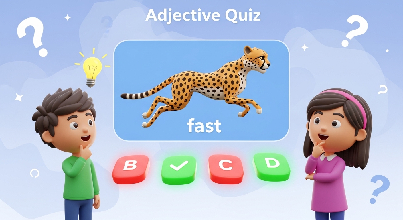 3D animated style, Pixlr aesthetic, vibrant colors, educational quiz theme. A large, clear 3D image of a "fast" running cheetah is the central focus. Two cute, stylized 3D child characters (boy and girl, diverse) look at the central image with thoughtful, excited expressions. One character has a "lightbulb" icon above their head. Four colorful, glowing 3D buttons float below the image, representing multiple-choice answers. One button is highlighted green with a checkmark icon. Soft, abstract background with floating question marks and sparkles. Focus on the "aha!" moment of finding the right answer. Bright, engaging lighting. No text on the buttons or background. Optional: Add "Adjective Quiz" as a text overlay.