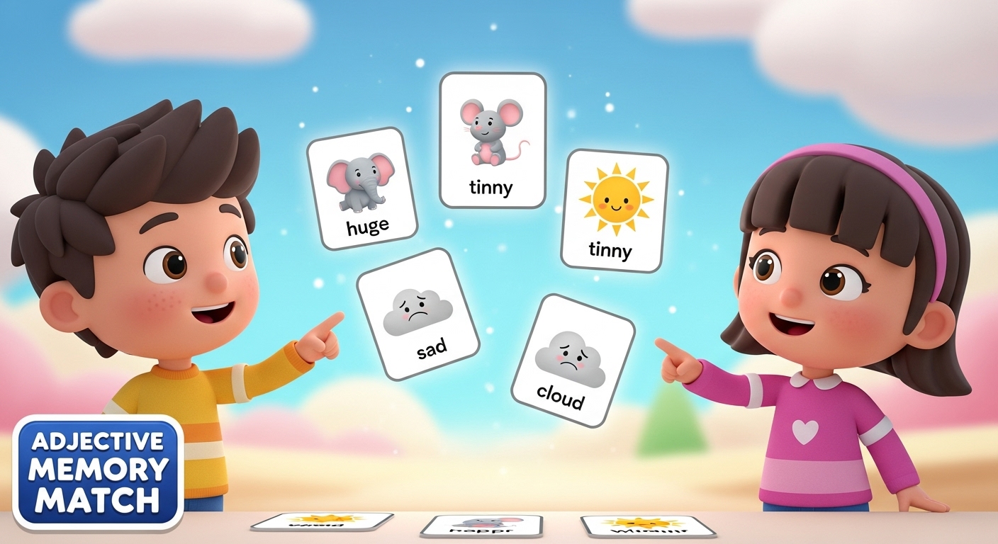 3D animated style, Pixlr aesthetic, vibrant colors, children playing a memory matching game. Two cute, stylized child characters (boy and girl, diverse appearances) are smiling and pointing at glowing memory cards floating in the air. The cards show simple, clear images representing adjectives (e.g., a huge elephant, a tiny mouse, a happy sun, a sad cloud). The background is a soft, whimsical, abstract learning environment, like a cloud-filled sky or a brightly colored classroom. Focus on fun, engagement, and a sense of discovery. Bright, soft lighting. No text on the cards or background. Game logo in the foreground (optional: add "Adjective Memory Match" as text overlay, if possible by the tool).