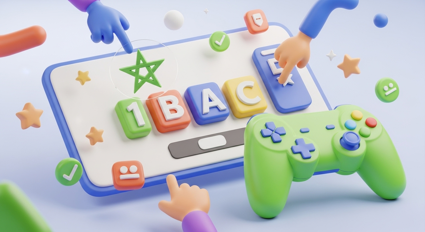 A dynamic and vibrant 3D illustrative image for the '1st Year Baccalaureate Games' section. The scene features a playful yet academic game board or an interactive digital screen, rendered in 3D. At the center, colorful, stylized 3D letter blocks or challenge cards spell out '1BAC', arranged in a fun, engaging sequence. Abstract 3D character hands or whimsical shapes are shown actively interacting with these game elements, moving pieces or selecting options. To emphasize both the game aspect and the academic goal: A vibrant 3D game controller (joypad) is prominently featured in the foreground or alongside the game, rendered in a bright and inviting color like teal or lime green. A small, elegant 3D green pentagram (Moroccan star) is subtly integrated into the game board design or hovering near the '1BAC' text, clearly indicating the Moroccan curriculum. Floating 3D stars, small positive feedback icons (like mini green checkmarks or sparkles) are scattered around, signifying fun and successful learning moments. The entire image must use a bright, energetic, and encouraging color palette consistent with your website's aesthetic. All 3D elements must have strong, clean highlights and soft, well-defined shadows, giving them a palpable depth and luminosity. The background should be a clean, soft gradient of light colors that complements the foreground, ensuring the elements pop. The overall composition should be exciting, goal-oriented, and clearly communicate enjoyable, effective preparation for the 1st Baccalaureate.