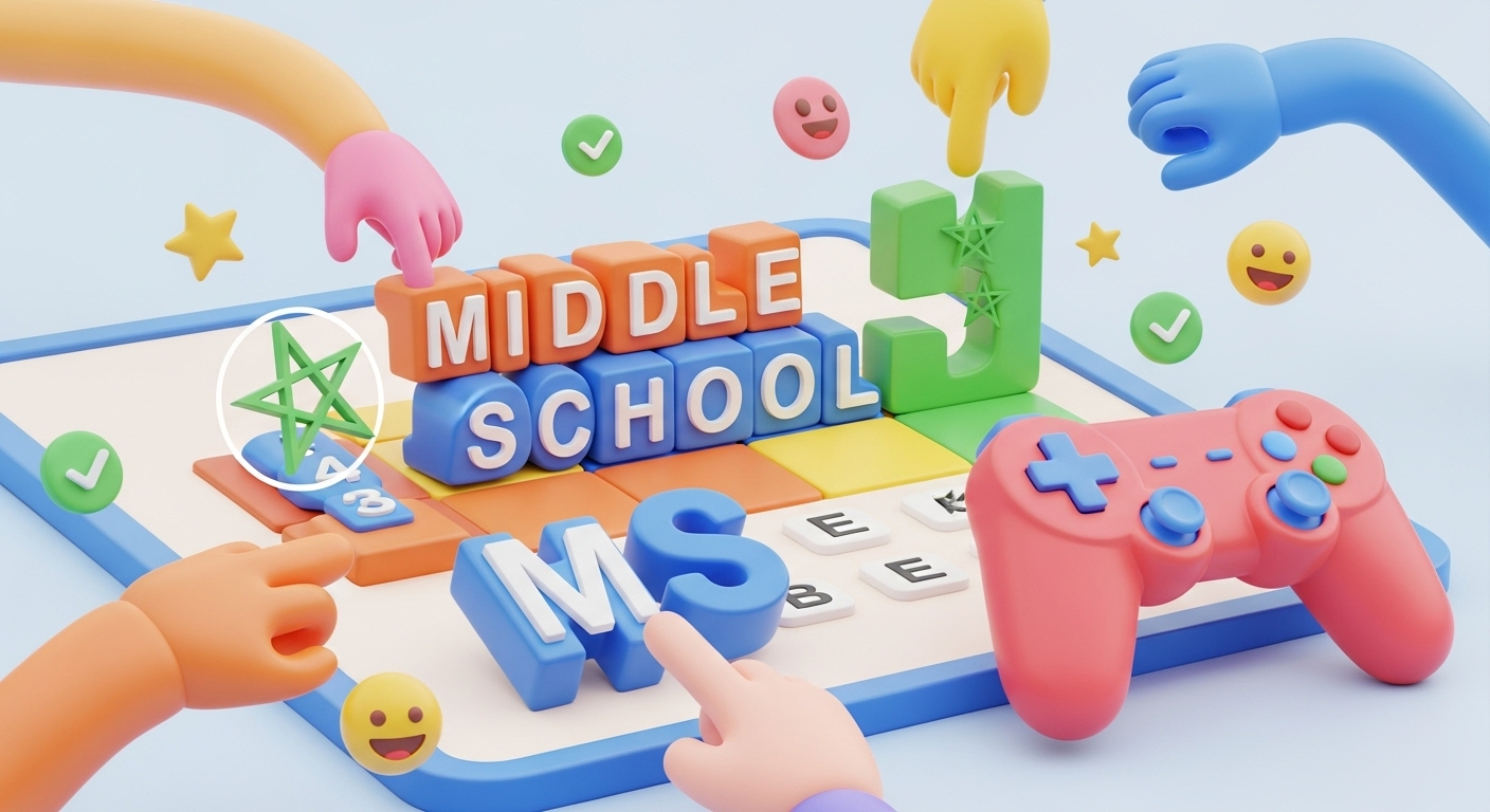 A dynamic and vibrant 3D illustrative image for the 'Middle School Games' section. The scene features a colorful, engaging 3D game board or an interactive digital puzzle screen, rendered in 3D, designed to be visually appealing to middle schoolers. At the center, stylized, cheerful 3D letter blocks or educational puzzle pieces are arranged to spell out 'MIDDLE SCHOOL' or 'MS', in a fun, playful sequence. Abstract 3D character hands or whimsical shapes are shown actively interacting with these game elements, connecting pieces, spinning a wheel, or selecting answers. To emphasize both the game aspect and the academic goal: A vibrant 3D game controller (joypad) is prominently featured in the foreground or alongside the game, rendered in a bright and inviting color like pink, orange, or sky blue. A small, elegant 3D green pentagram (Moroccan star) is subtly integrated into the game board design or hovering near the 'MIDDLE SCHOOL' text, clearly indicating the Moroccan curriculum. Floating 3D stars, small cheerful positive feedback icons (like mini green checkmarks or happy face emojis) are scattered around, signifying fun and successful learning moments. The entire image must use a bright, energetic, and encouraging color palette consistent with your website's aesthetic. All 3D elements must have strong, clean highlights and soft, well-defined shadows, giving them a palpable depth and luminosity. The background should be a clean, soft gradient of light colors that complements the foreground, ensuring the elements pop. The overall composition should be exciting, age-appropriate, and clearly communicate enjoyable, effective learning for middle school students.