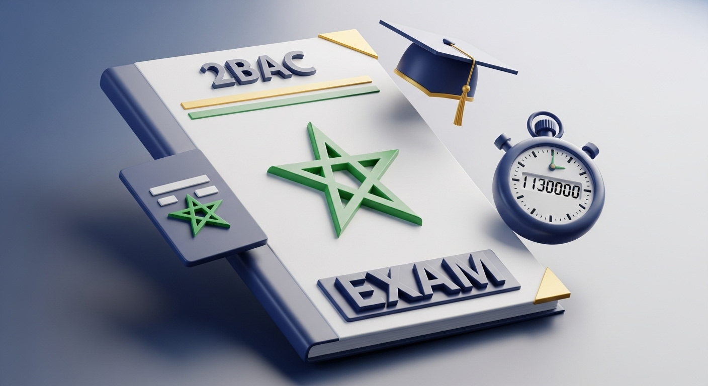 A powerful and authoritative 3D illustrative image for the '2nd Year Baccalaureate National Exam' section. The central focus is a stylized, imposing 3D national exam paper or a significant test booklet, clearly marked 'EXAM' in a bold, official-looking 3D font. The paper should appear pristine and important, perhaps slightly elevated. To signify the context and importance: The text '2BAC' is prominently displayed in a clean, professional 3D font on the cover or header of the exam paper. A large, elegant 3D green pentagram (Moroccan star) is boldly embossed or displayed on the exam paper, unequivocally linking it to the Moroccan National Exam. A sleek, modern 3D timer or stopwatch (showing a countdown or focused time) is strategically placed nearby, emphasizing the time-sensitive nature of the exam. Optionally, a subtle 3D graduation cap can be seen floating above or gently resting beside the exam paper, symbolizing the ultimate goal. The entire image must use a serious yet inspiring color palette (e.g., deep blues, whites, gold/green accents) consistent with your website's aesthetic. All 3D elements must have strong, clean highlights and soft, well-defined shadows, giving them a palpable depth and gravitas. The background should be a clean, soft gradient of light colors, ensuring the central elements pop with significance. The overall composition should be impactful, serious, and clearly communicate focused preparation for the crucial 2nd Baccalaureate National Exam.