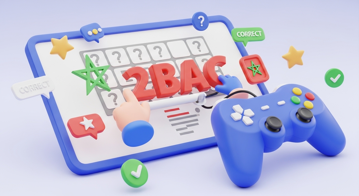 "2nd Baccalaureate Games" 3D illustrative image, blending the serious academic goal with a fun, interactive approach, all in your signature vibrant 3D style. "A dynamic and vibrant 3D illustrative image for the '2nd Baccalaureate Games' section. The scene features a playful yet academic game board or an interactive screen. At the center, bold, stylized 3D letter blocks or question cards spell out '2BAC', perhaps leading to a finish line or a reward icon. Interacting with this game element, show abstract 3D character hands or playful shapes actively moving pieces or selecting answers. To emphasize both the game aspect and the academic goal: A vibrant 3D game controller (joypad) is prominently featured in the foreground or alongside the game, rendered in a bright blue or purple. A small, elegant 3D green pentagram (Moroccan star) is subtly integrated into the game board design or hovering near the '2BAC' text, firmly grounding it in the Moroccan curriculum. Floating 3D stars, small green checkmarks, and abstract 'correct' indicators are scattered around, signifying success and engagement. The entire image must use a bright, energetic, and encouraging color palette consistent with your website's aesthetic. All 3D elements must have strong, clean highlights and soft, well-defined shadows, giving them a palpable depth and luminosity. The background should be a clean, soft gradient of light colors that complements the foreground, ensuring the elements pop. The overall composition should be exciting, goal-oriented, and clearly communicate fun, effective preparation for the 2nd Baccalaureate."