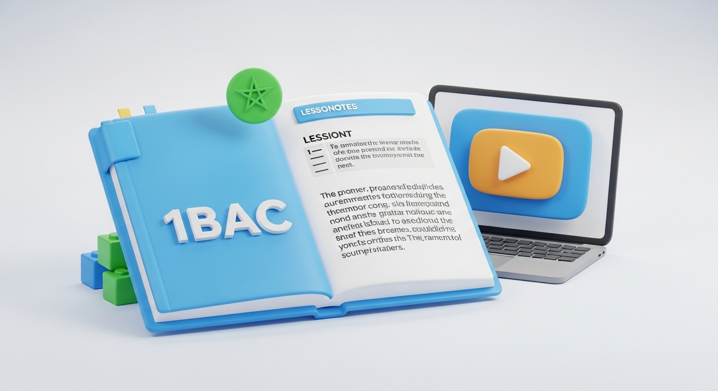 A vibrant and professional 3D illustrative image for the '1st Year Baccalaureate Lessons' section. The scene is centered around a stylized, open 3D textbook with a bright, inviting cover (e.g., a vibrant blue or light green, distinct from 2nd Bac's color). On one page of the book, the text '1BAC' is clearly rendered in a bold, modern 3D font. On the adjacent page, show structured lesson notes or a clear grammar explanation. To represent the digital format of the lessons and foundational learning, include these key elements: A sleek 3D laptop or tablet screen is positioned next to the textbook, displaying a prominent 3D video play icon ('►') on its screen. A small, elegant 3D green pentagram (Moroccan star) is subtly integrated (perhaps on the book's cover or near the '1BAC' text) to clearly signify the Moroccan curriculum. Optionally, small, abstract 3D building blocks can be subtly placed near the book, symbolizing the foundational nature of 1st Bac learning. The entire image must use a bright, professional, and encouraging color palette consistent with your website's aesthetic. All 3D elements must have strong, clean highlights and soft, well-defined shadows, giving them a palpable depth. The background should be a clean, soft gradient of light colors, ensuring the elements pop beautifully. The overall composition should feel academic, inviting, and focused on building essential skills.