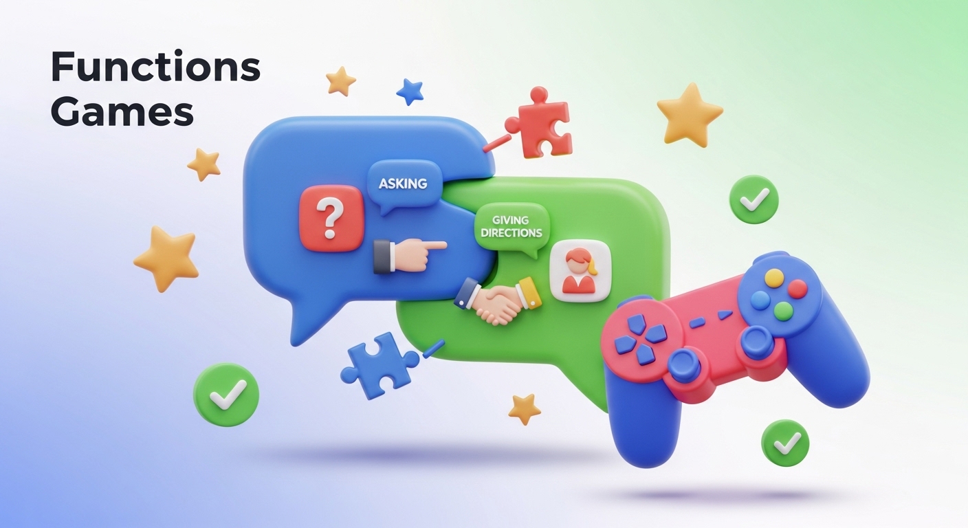 A dynamic and vibrant 3D illustrative image for the 'Functions Games' section. The scene features two large, interlinked 3D speech bubbles (one blue, one green) at the center, representing a dialogue or interaction. To combine the 'Functions' and 'Games' concepts: Inside the speech bubbles, show small, stylized 3D icons representing different functions (e.g., a question mark for 'Asking', a friendly pointing hand for 'Giving Directions', a handshake for 'Greeting'). A vibrant 3D game controller (joypad) is prominently featured, positioned as if 'controlling' the conversation flow between the speech bubbles. Small, stylized 3D puzzle pieces or gears are shown connecting the two speech bubbles, symbolizing the 'mechanics' or 'functions' of building a conversation. Floating 3D stars and small green checkmarks are scattered around, indicating correct conversational choices and successful interactions. The entire image must use a bright, energetic, and engaging color palette consistent with your website's aesthetic. All 3D elements must have strong, clean highlights and soft, well-defined shadows, giving them a palpable depth and luminosity. The background should be a clean, soft gradient of light colors that complements the foreground, ensuring the elements pop. The overall composition should be lively, interactive, and clearly communicate the fun of mastering practical English communication