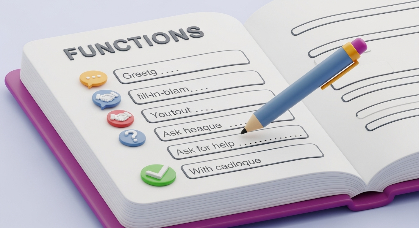 A clean and organized 3D illustrative image for the 'Functions Worksheets' section. The central focus is a stylized, neat stack of pristine white worksheets or an open workbook, rendered in 3D with a distinct cover, perhaps a vibrant magenta or deep purple. On the top visible worksheet, structured dialogue exercises are clearly outlined with blank spaces for answers, representing 'fill-in-the-blank' conversations. The text 'FUNCTIONS' is prominently displayed in a clean 3D font at the top of the worksheet. To highlight the theme of practical communication: Small, stylized 3D icons are visible on the worksheet next to the exercises, such as speech bubbles, a handshake icon, or a question mark, to indicate the specific function being practiced (e.g., greeting, asking for help). A stylized 3D blue or grey pen/pencil is positioned cleanly on the worksheet, as if actively completing a dialogue. A neat, polished 3D green checkmark is visibly placed on a completed line of dialogue, symbolizing correct usage. The entire image must use a bright, professional, and encouraging color palette consistent with your website's aesthetic. All 3D elements must have strong, clean highlights and soft, well-defined shadows, giving them a palpable depth. The background should be a clean, soft gradient of light colors, ensuring the elements pop. The overall composition should feel structured, practical, and clearly communicate effective practice for real-world English.