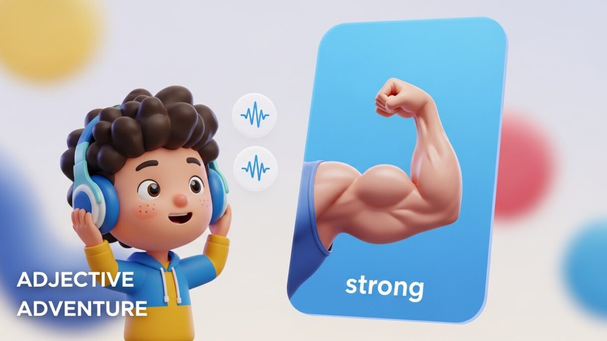 3D animated style, Pixlr aesthetic, vibrant colors. A cute, stylized 3D child character (diverse) is wearing headphones and smiling, looking at a large, floating digital card. The card is the central focus and shows a beautiful 3D image of a "strong" muscular arm flexing. Floating "sound wave" icons are near the child's headphones, indicating audio/pronunciation. The background is soft, clean, and abstract, with blurred, colorful shapes. Focus on learning, listening, and discovery. Bright, friendly lighting. Optional: Add "Adjective Adventure" as text overlay.