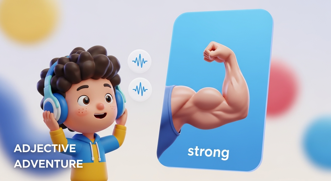 3D animated style, Pixlr aesthetic, vibrant colors. A cute, stylized 3D child character (diverse) is wearing headphones and smiling, looking at a large, floating digital card. The card is the central focus and shows a beautiful 3D image of a "strong" muscular arm flexing. Floating "sound wave" icons are near the child's headphones, indicating audio/pronunciation. The background is soft, clean, and abstract, with blurred, colorful shapes. Focus on learning, listening, and discovery. Bright, friendly lighting. Optional: Add "Adjective Adventure" as text overlay.