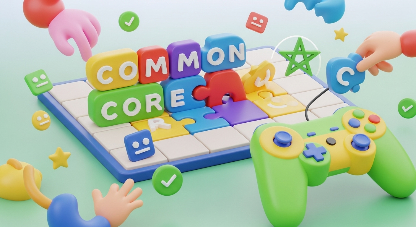 A dynamic and vibrant 3D illustrative image for the 'Common Core Games' section. The scene features a playful, modular 3D game board or an interactive digital puzzle screen, rendered in 3D. At the center, colorful, stylized 3D letter blocks or educational puzzle pieces are arranged to spell out 'COMMON CORE' or 'CC', in a fun, engaging sequence. Abstract 3D character hands or whimsical shapes are shown actively interacting with these game elements, connecting pieces or solving puzzles. To emphasize both the game aspect and the foundational academic goal: A vibrant 3D game controller (joypad) is prominently featured in the foreground or alongside the game, rendered in a bright and inviting color like yellow or light green. A small, elegant 3D green pentagram (Moroccan star) is subtly integrated into the game board design or hovering near the 'COMMON CORE' text, clearly indicating the Moroccan curriculum. Floating 3D stars, small positive feedback icons (like mini green checkmarks or sparkles) are scattered around, signifying fun and successful learning moments. The entire image must use a bright, energetic, and encouraging color palette consistent with your website's aesthetic. All 3D elements must have strong, clean highlights and soft, well-defined shadows, giving them a palpable depth and luminosity. The background should be a clean, soft gradient of light colors that complements the foreground, ensuring the elements pop. The overall composition should be exciting, foundational, and clearly communicate enjoyable, effective learning for Common Core students.