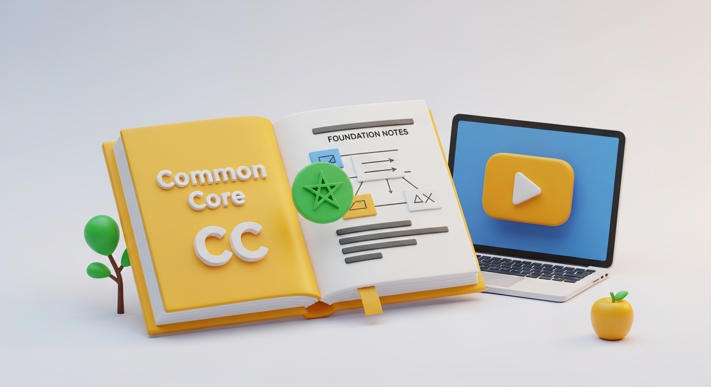 A vibrant and professional 3D illustrative image for the 'Common Core Lessons' (Tronc Commun) section. The scene is centered around a stylized, open 3D textbook with a bright, inviting cover (e.g., a vibrant yellow or orange). On one page of the book, the text 'Common Core' or 'CC' is clearly rendered in a bold, modern 3D font. On the adjacent page, show foundational lesson notes or a simple, clear diagram. To represent the digital format of the lessons and the start of the high school journey, include these key elements: A sleek 3D laptop or tablet screen is positioned next to the textbook, displaying a prominent 3D video play icon ('►') on its screen. A small, elegant 3D green pentagram (Moroccan star) is subtly integrated (perhaps on the book's cover or near the 'CC' text) to clearly signify the Moroccan curriculum. To symbolize a fresh start, a small, stylized 3D sapling or a bright 3D apple icon can be placed near the book. The entire image must use a bright, professional, and encouraging color palette consistent with your website's aesthetic. All 3D elements must have strong, clean highlights and soft, well-defined shadows, giving them a palpable depth. The background should be a clean, soft gradient of light colors, ensuring the elements pop beautifully. The overall composition should feel academic, fresh, and welcoming