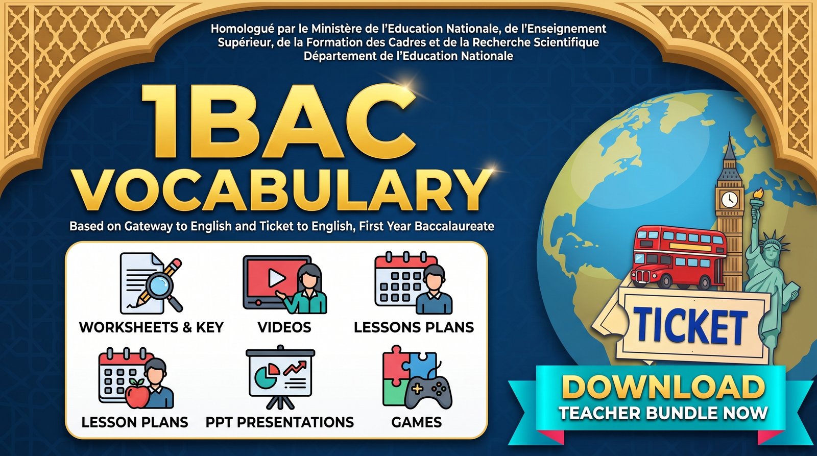 generate a thumbnail for this 1BAC Vocabulary (Worksheets + Key, Videos, Lesson Plan, PPT, Games) the same width and height